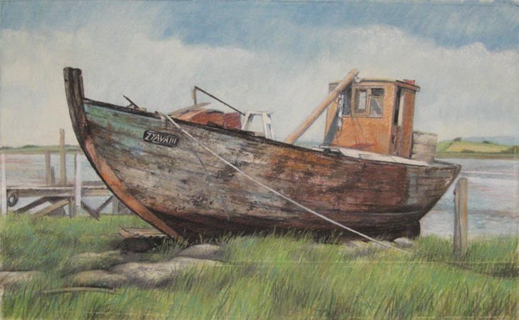 Painting of a derelict boat pulled up on the marshy shore of a shallow creek, beside an old wooden jetty. The boat has a plain wooden hull with a small wheelhouse. Part of a mast is leaning at an angle against the wheelhouse and there is some other debris visible on the deck. The name Zyava III is painted on the hull near the prow.