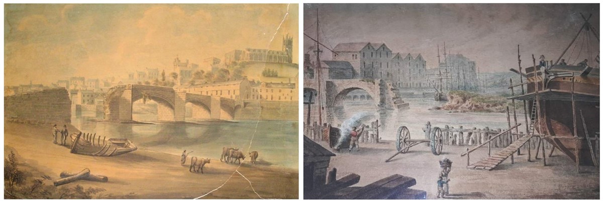 Two similar paintings showing the same scene from different angles. The first is looking upriver. The bridge in the centre has three intact arches to the right, but the leftmost arch has been demolished. Rough stonework shows at the end of the remaining section to the right, and on the left a stone abutment slopes upwards only to end abruptly. In the foreground a woman is driving several cows down to the river to drink. Nearby, two men are having a conversation beside an incomplete boat with its ribs exposed. On the far shore, in the background, buildings rise up the side of a hill topped by a church and castle. The second painting is a view downstream. The foreground is dominated by the hull of a ship under construction, to the right of the scene. It's propped up by timbers and surrounded by wooden scaffolding. There's a figurehead representing Lord Nelson, in Georgian naval uniform consisting of a dark coat, white breeches and a bicorne hat. The ship is named Trafalgar. A couple of men are working on its upper deck beneath a sheer-legs crane. Beside the ship a woman walks past carrying a basket on her head, accompanied by a child. To the left a man is working on a small wooden boat with a smoking container on the ground beside him, perhaps melting tar to seal the seams of the boat. A rough wooden fence separates the shipyard from the river beyond. The bridge extends into the scene from the left but comes to an end in broken stonework where the last arch has been demolished. The riverbank to the right is rough and grassy, with no remaining stonework visible from this direction. Further downriver, several tall ships with two or three masts each are moored beside the quay, which is lined with stone warehouses, many of which are 5 or 6 storeys high.     