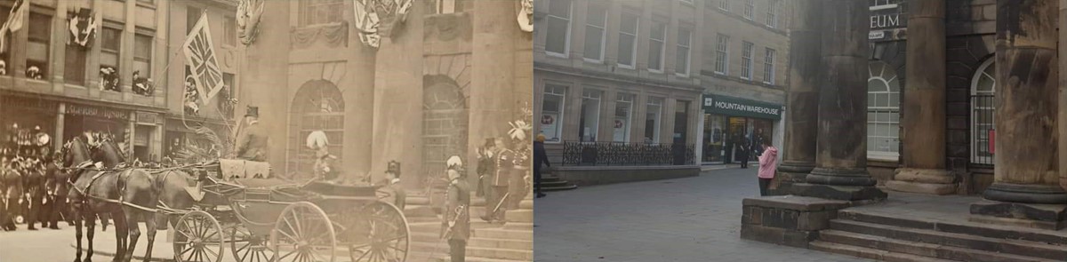 Left: photo of a horse and carriage in front of the base of a columned portico. Right: the same location in the modern day. The buildings are the same except for some new shop signs.