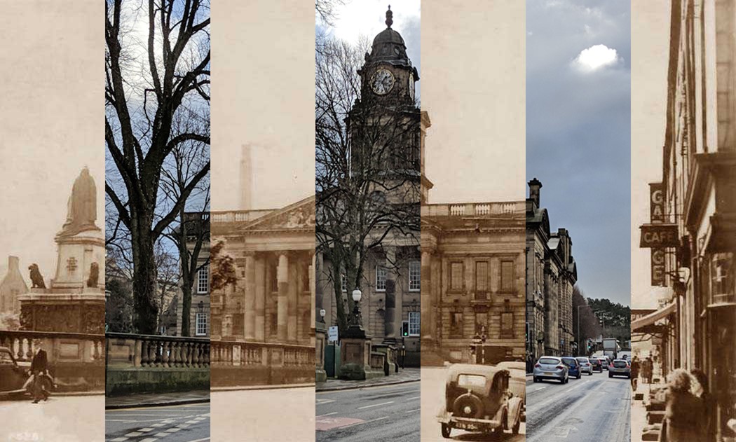 old and new photos of a large building with a columned portico and clock tower. The only differences are in the foreground - trees have grown larger, the cobbled road has been tarmaced and has much more traffic. 