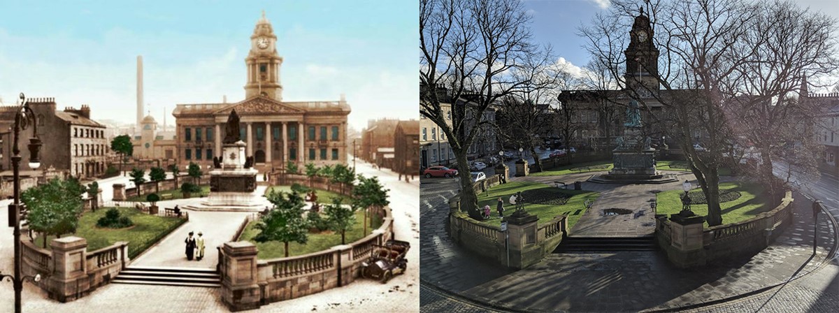 Old and new photos of a formally laid out square with a large statue of Queen Victoria in the centre surrounded by an oval area of gardens within a decorative stone balustrade. The large town hall with columned portico is in the background. Saplings in the older photo have become mature trees in the new one, but the scene is otherwise very similar.