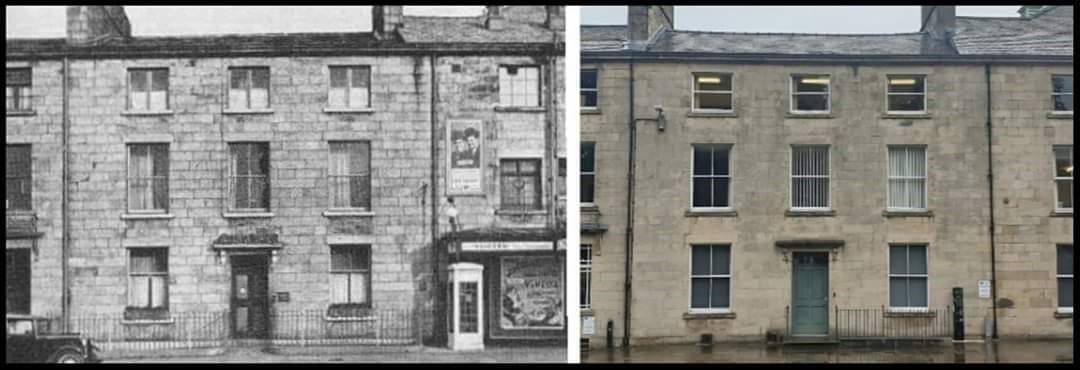two photos of the same plain but elegant three-storied terraced georgian stone building. There's very little difference between the old an new photos, but some of the iron railings in front of the house have been removed, as have a phone box and shop sign next door.