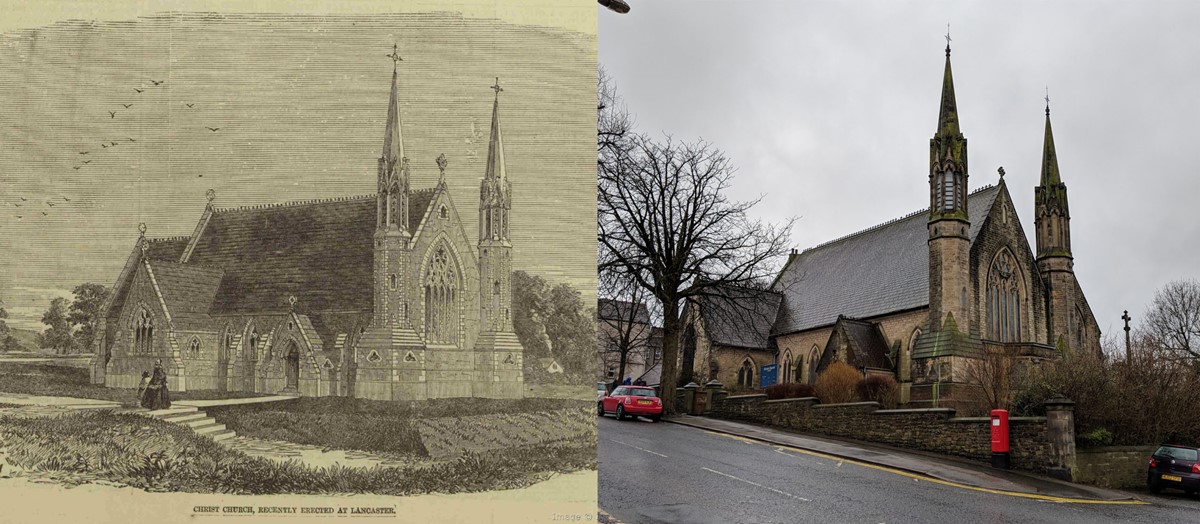 Etching of a church with two small spires, captioned 'Christ Church, recently erected at Lancaster', beside a modern photo of the same church.