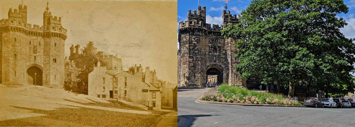 two photos of the gatehouse of Lancaster Castle. In the old one there is a row of small terraced houses close to the castle wall. In the new one these are gone, replaced by a large tree and a row of parked cars. 