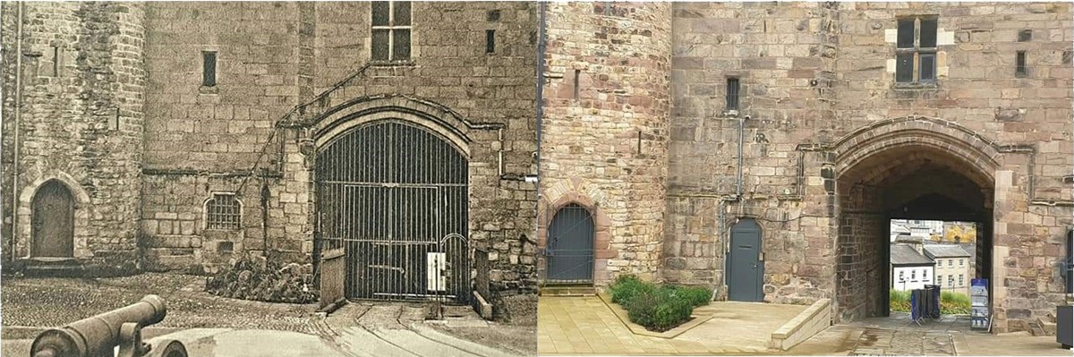 two photos looking out through the castle gatehouse from the coutyard inside the castle walls. High stone walls with small windows dominate both photos. In the old one there's a cannon in the foreground, aiming towards the castle gateway, which is blocked by a metal grille with gates set into it. In the modern photo the cannon is gone and the gates are open, giving a glimpse of other buildings down the hill outside.