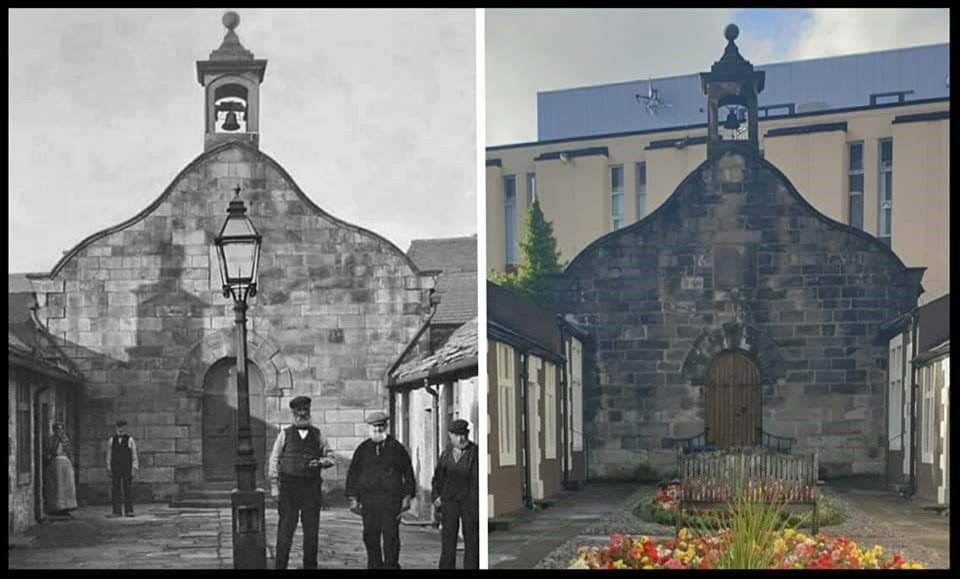 two photos of a small courtyard lined by tiny terraced cottages, closed off at the far end by the front of a small chapel with a pretty curved roofline and a small bell at the peak. In the old photo several elderly men and one woman are standing in the courtyard, which is paved in stone. There's a victorian-style lamppost in the foreground. In the new photo the lamp is gone but there are flowerbeds and a bench in the centre of the courtyard. A very large and ugly modern building looms in the background behind the chapel.
