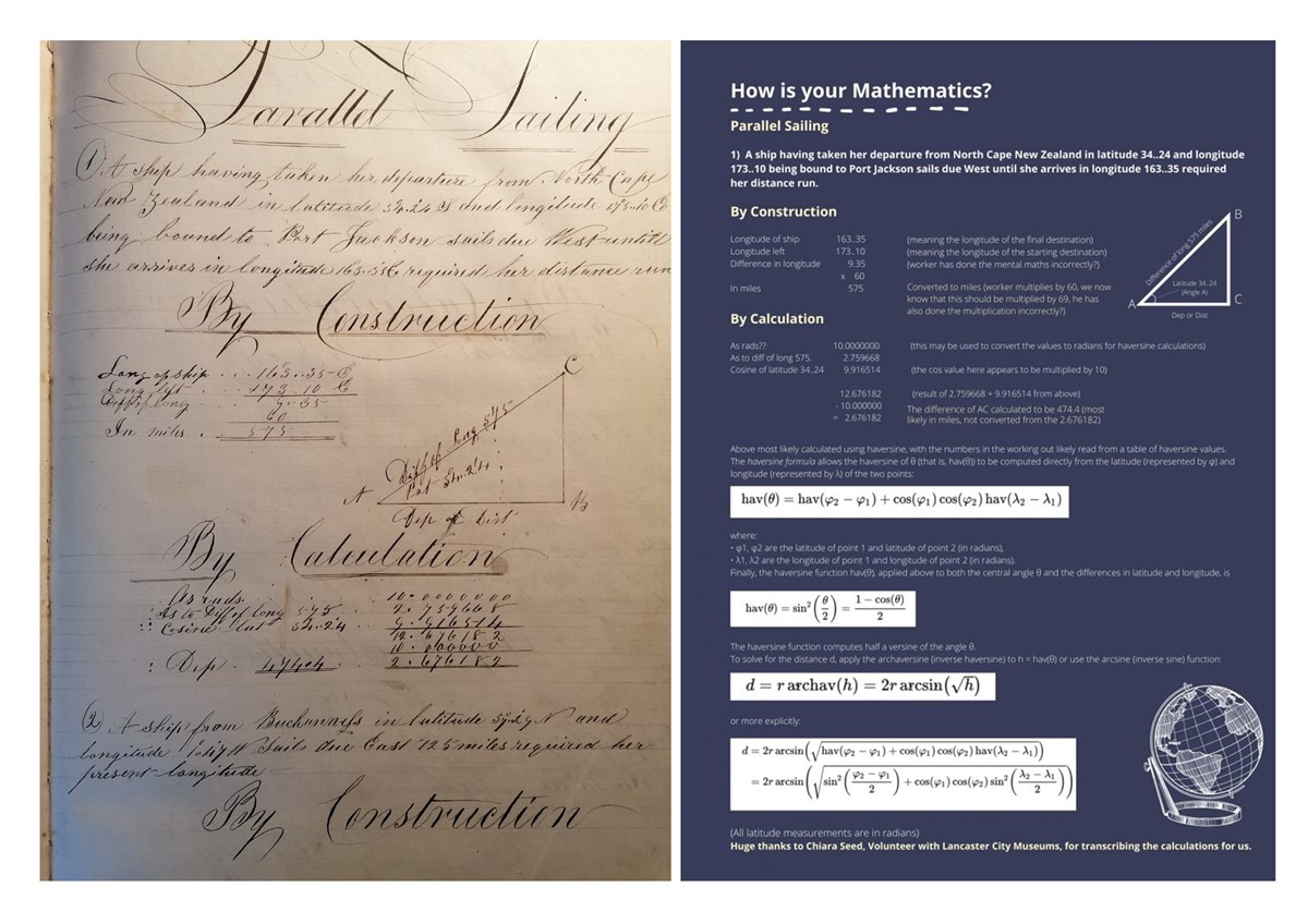 a page of handrwitten mathematics in flowing calligraphy, and a modern transcription.