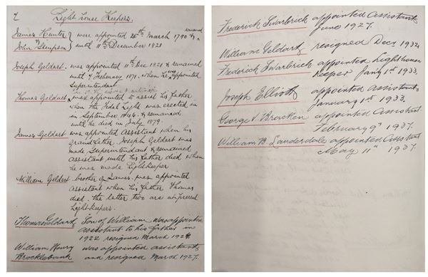 Handwritten list of Walney Lighthouse Keepers.