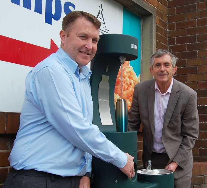 Councillors Brendan Hughes and Andrew Kay with the new water fountain at the Clock Tower in Morecambe.