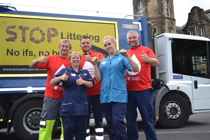 Mick Steel (Refuse Collector), Katie Sconce (Clinic Sister), Reece Marsden (Refuse Collector), Emma Parkinson (Donor Carer) and Lewis Walton (HGV Driver) outside the Royal Lancaster Infirmary before g