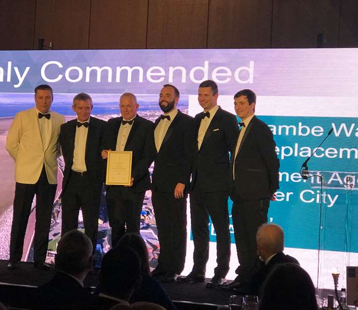 Julian Wilson (VBA), Dom Bradley (VBA), Gary Bowker (Lancaster City Council), Richard Walsh (VBA), receive the commendation from Andrew Wyllie (ICE President 2018/19) and Tom Glovehew (ICE North West