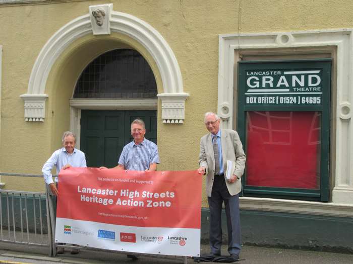 Councillor Tim Hamilton-Cox (cabinet member for sustainable economic prosperity), with Charles Willett and David Hardy (Trustees of Lancaster Footlights).